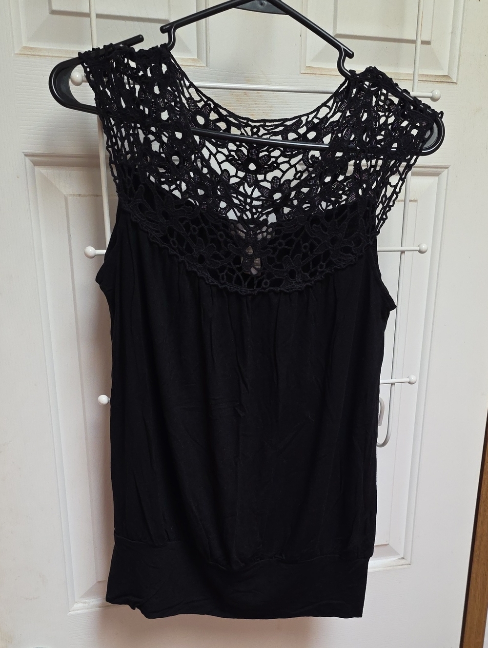 Kenar Black Sleeveless Tank with Crochet Yoke